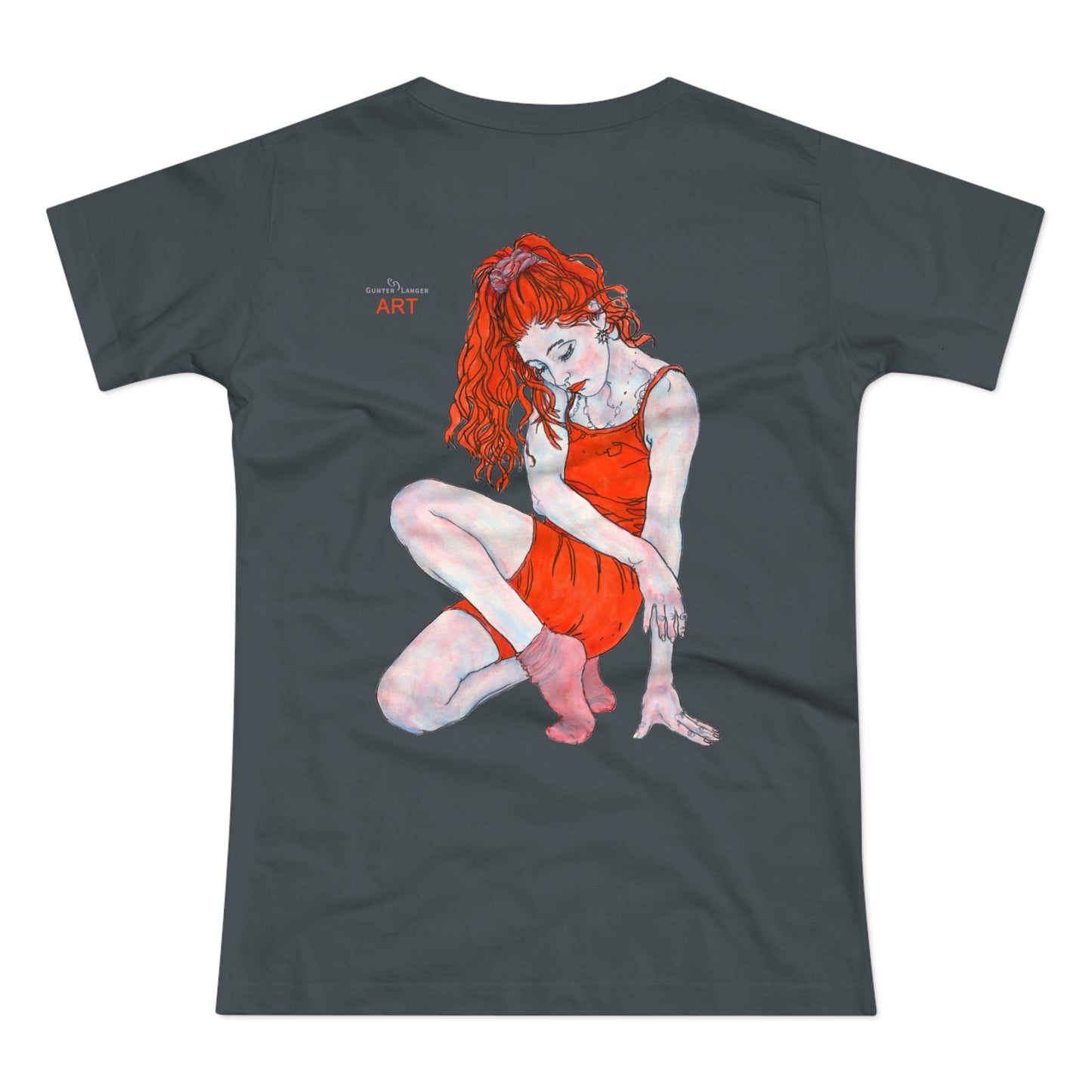 Single Jersey Women's T-shirt - dunkel - Motiv:  Front Julia, Ausschnitt 6,7 cm & Rückseite Julia, H 37 cm