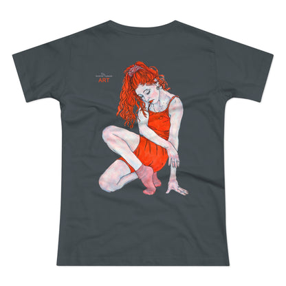 Single Jersey Women's T-shirt - dunkel - Motiv:  Front Julia, Ausschnitt 6,7 cm & Rückseite Julia, H 37 cm