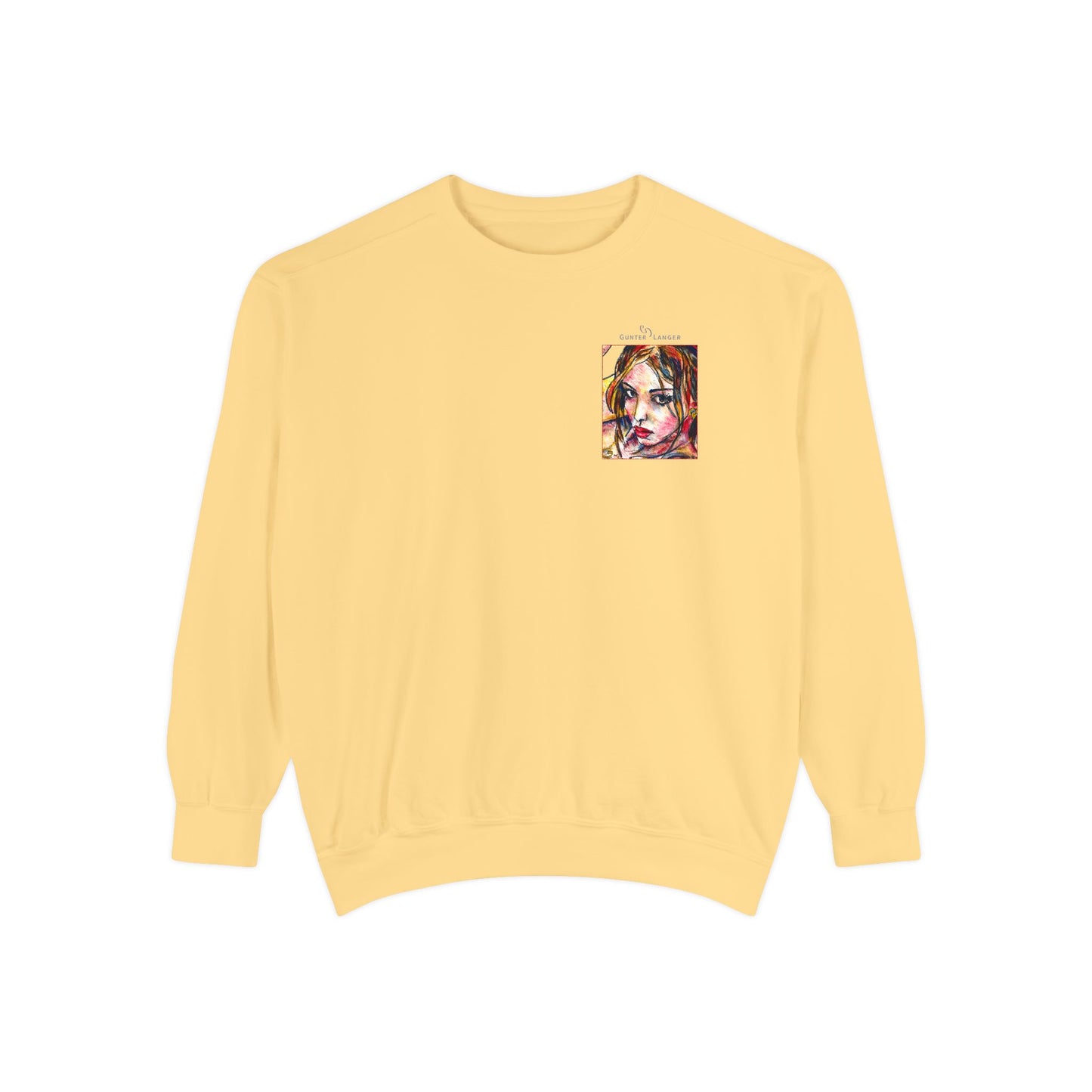 Unisex Garment-Dyed Sweatshirt - Motiv: Front Camilla (H 11,4 cm) & Rückseite Camilla / Leni, H 41 cm