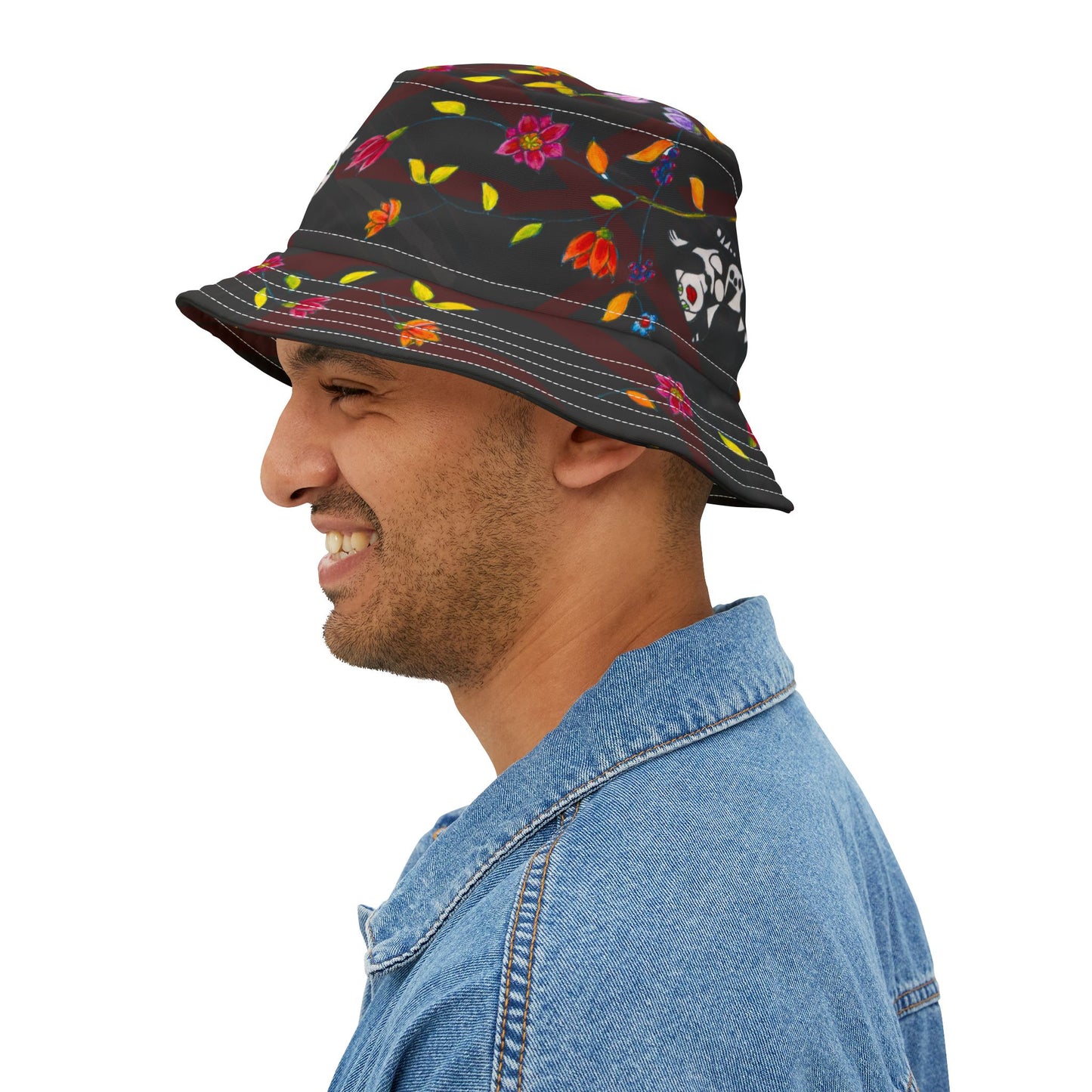 Bucket Hat (AOP) - Motiv: Katze fliegt, Ranken, schwarz