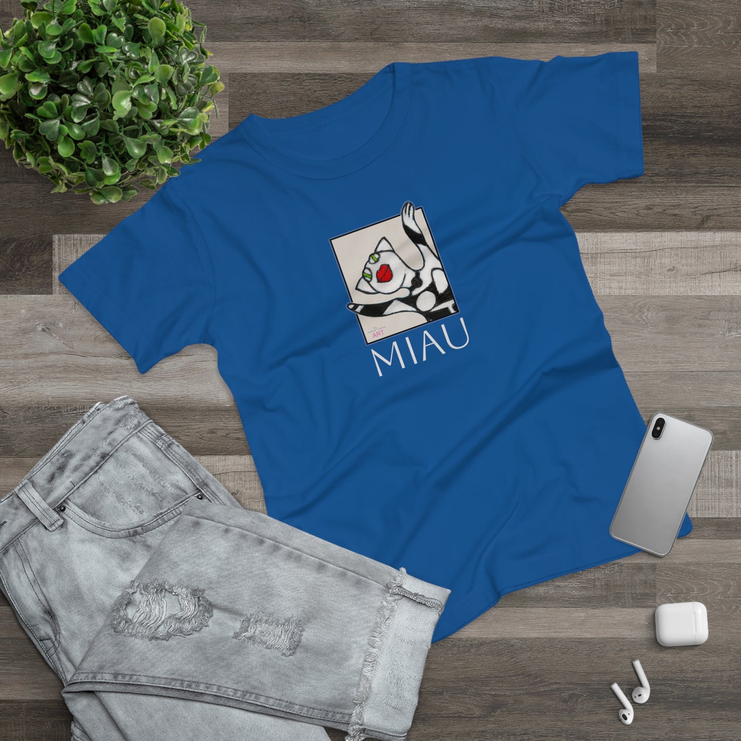 Single Jersey Women's T-shirt - dunkel - Motiv: Front Miau, H 15,3 cm, Rückseite Miau, H27,94 cm