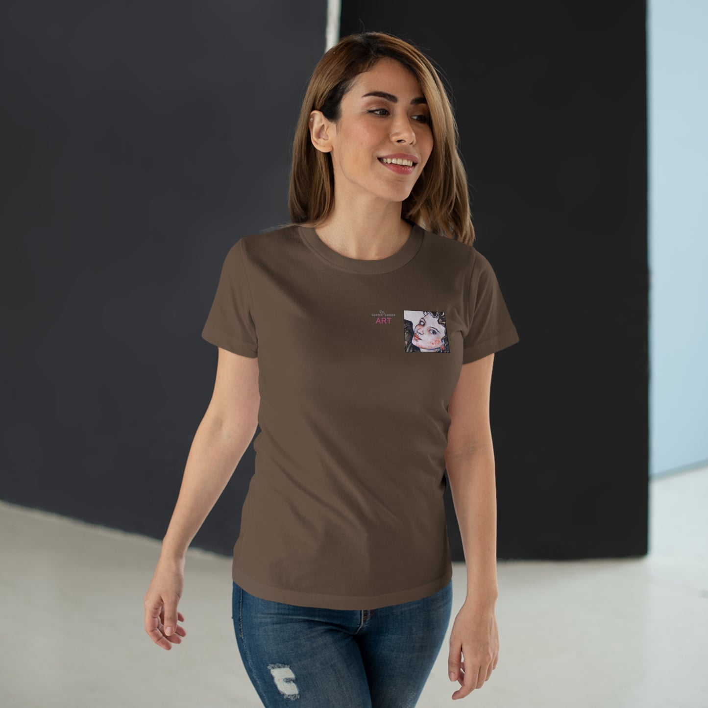 Single Jersey Women's T-shirt- dunkel - Motiv: Annette, Ausschnitt, H 7,5 cm