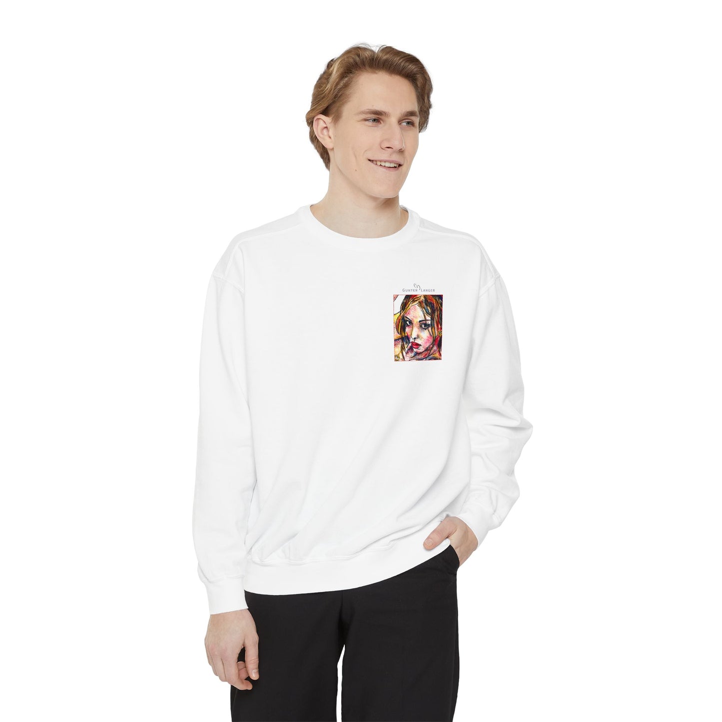 Unisex Garment-Dyed Sweatshirt - Motiv: Front Camilla (H 11,4 cm) & Rückseite Camilla / Leni, H 41 cm
