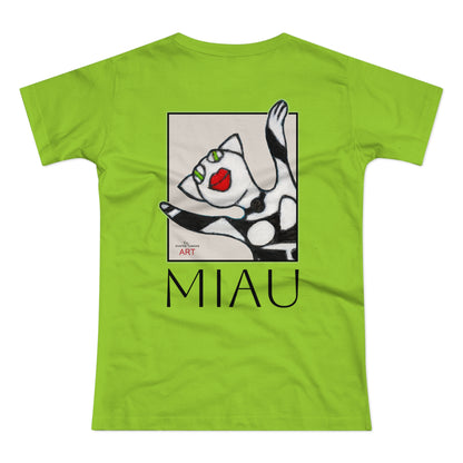 Single Jersey Women's T-shirt - hell - Motiv: Front Miau, H 15,3 cm, Rückseite Miau, H27,94 cm