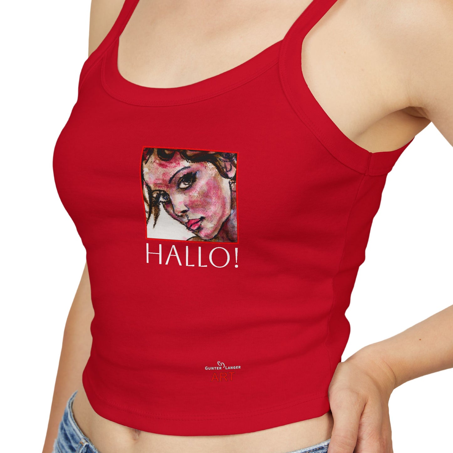 Women's Spaghetti Strap Tank Top - Motiv: Front Carla & Rückseite Schrift  Hallo!