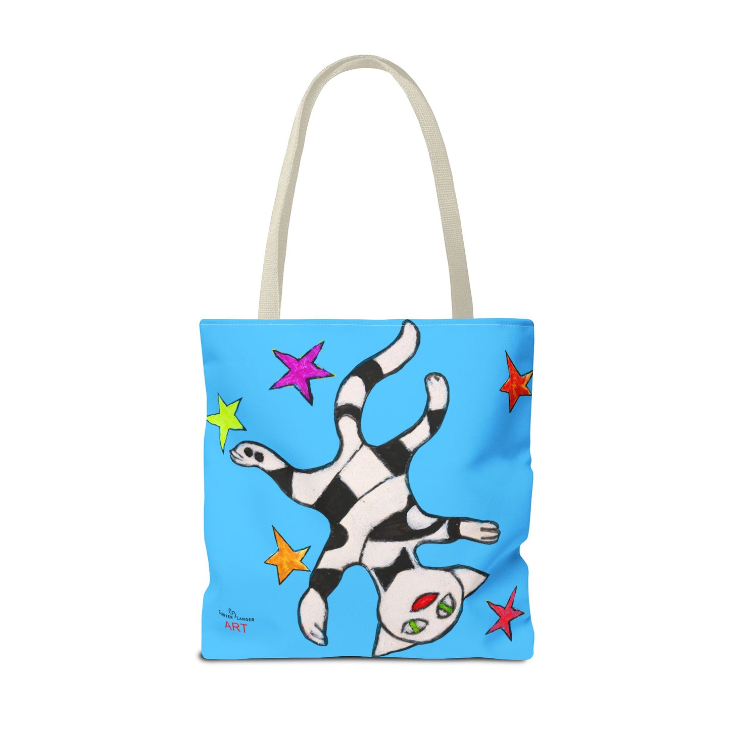 Tote Bag (AOP) - Motiv:  Front Katze schwebt & Rückseite  Katze schwebt, Blau, Sterne