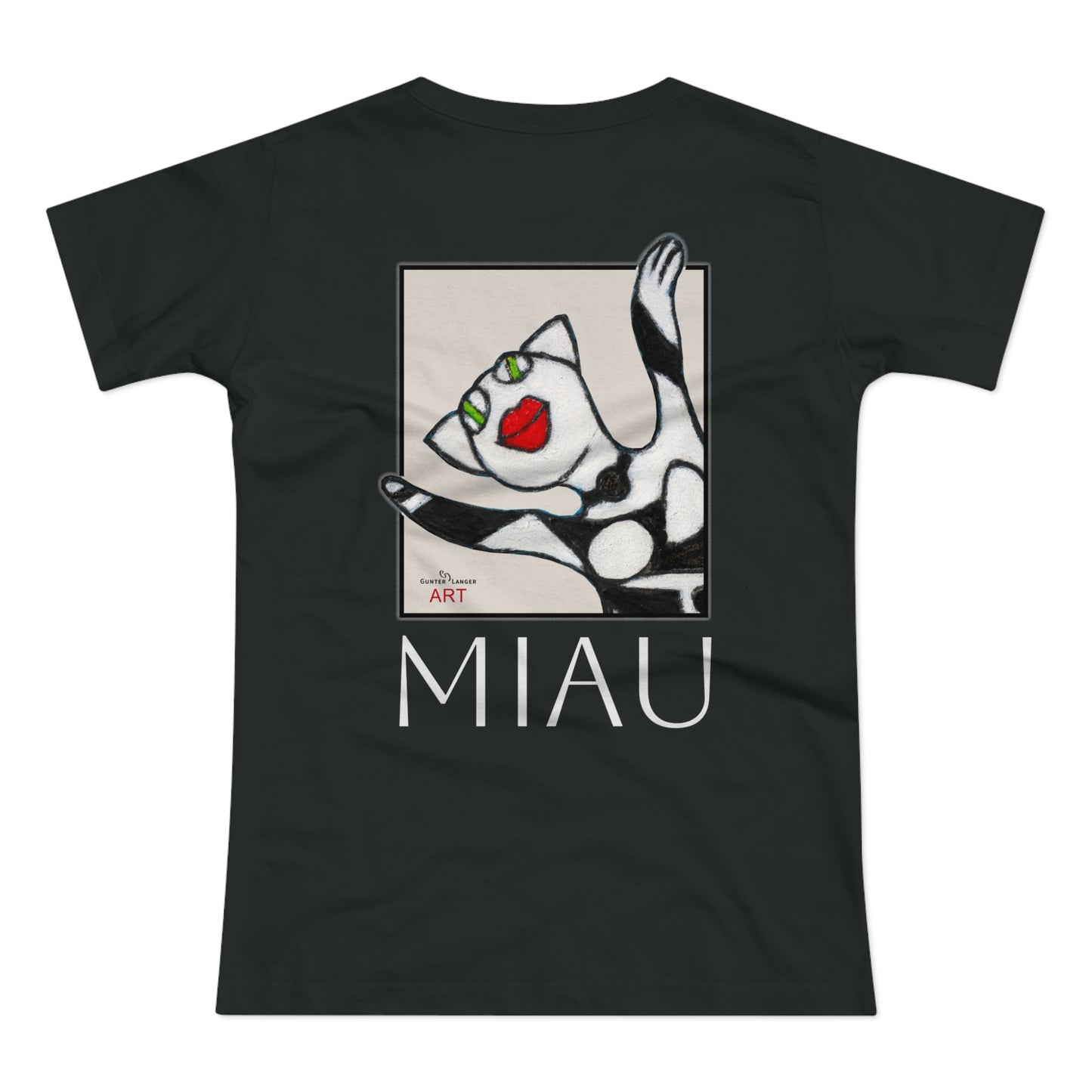 Single Jersey Women's T-shirt - dunkel - Motiv: Front Miau, H 15,3 cm, Rückseite Miau, H27,94 cm