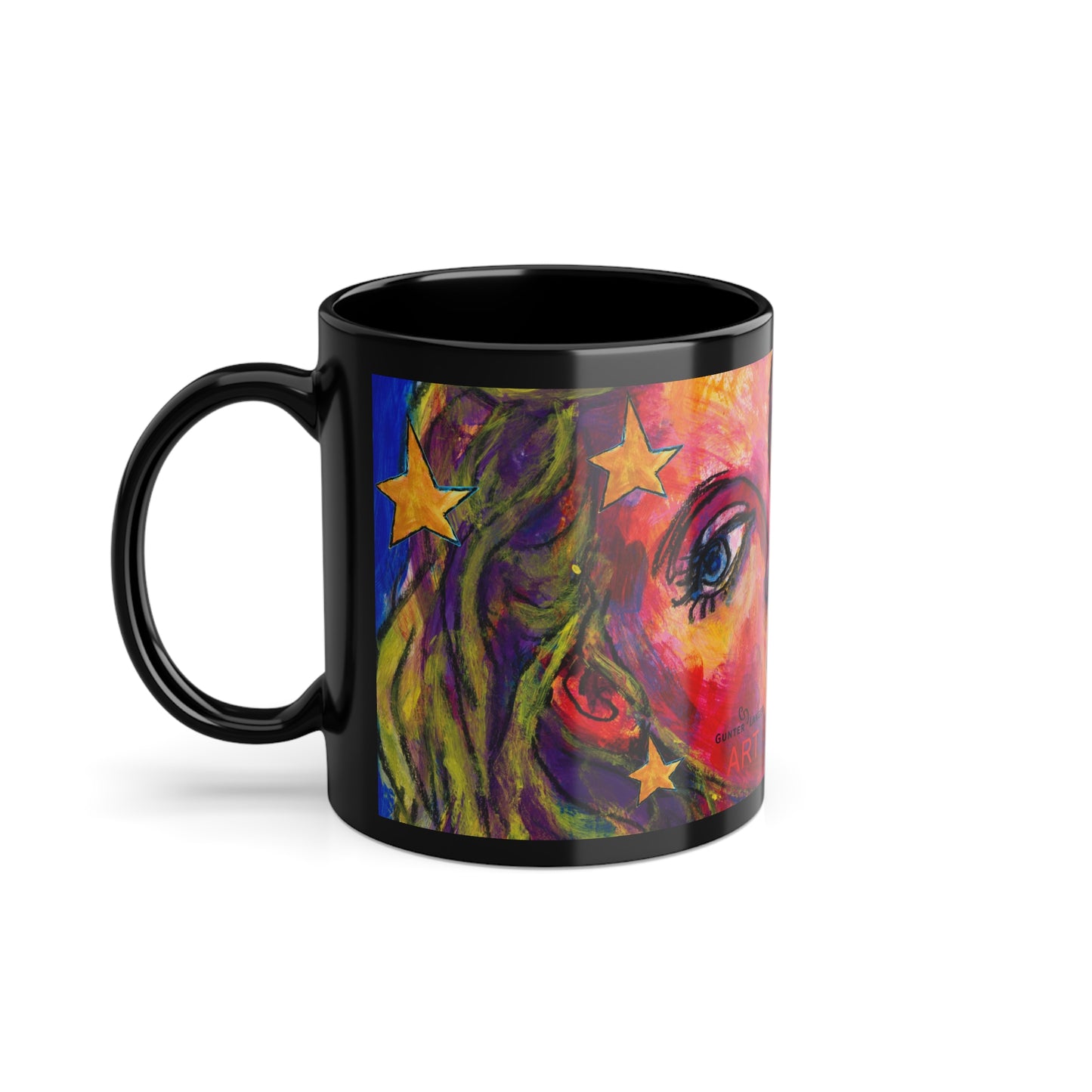 Black Coffee Cup, 11oz - Motiv: Mascha, Ausschnitt, Sterne