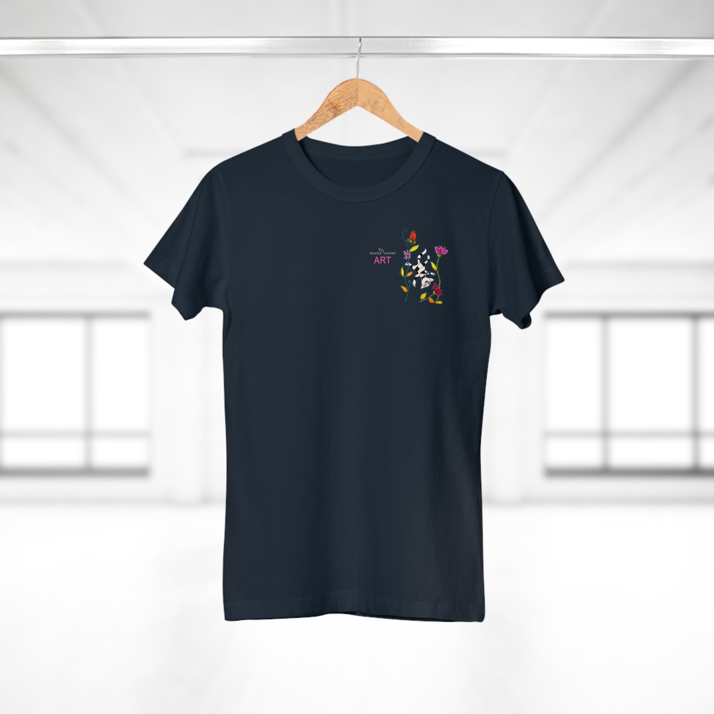 Single Jersey Women's T-shirt - dunkel - Motiv: Katze schwebt und Ranken, Vorderseite H 11 cm & Rückseite H 21,85 cm