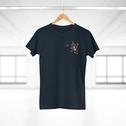 Single Jersey Women's T-shirt - dunkel - Motiv: Katze schwebt und Ranken, Vorderseite H 11 cm & Rückseite H 21,85 cm