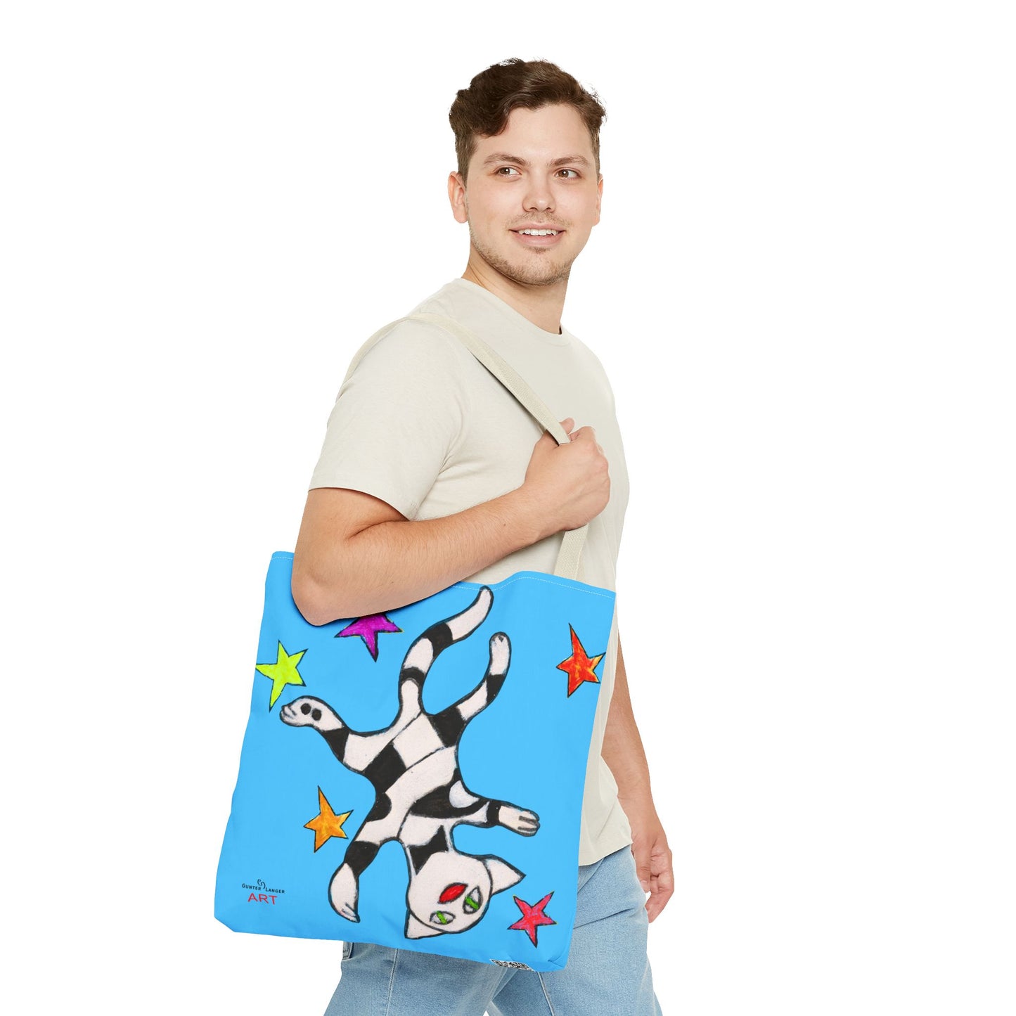 Tote Bag (AOP) - Motiv:  Front Katze schwebt & Rückseite  Katze schwebt, Blau, Sterne