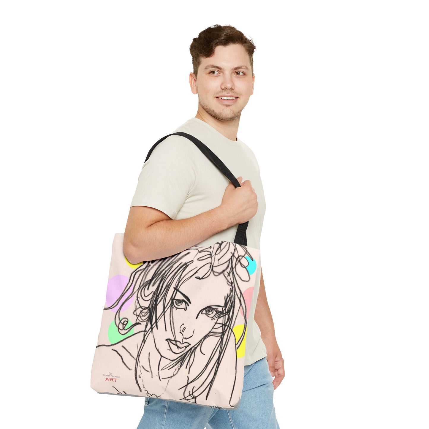 Tote Bag (AOP) - Motiv:  Front Rosalie & Rückseite Bea, Farbiger Hintergrund