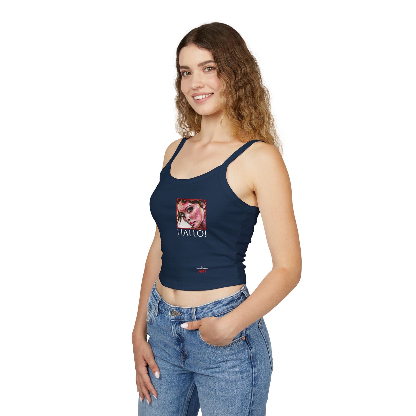 Women's Spaghetti Strap Tank Top - Motiv: Front Carla & Rückseite Schrift  Hallo!