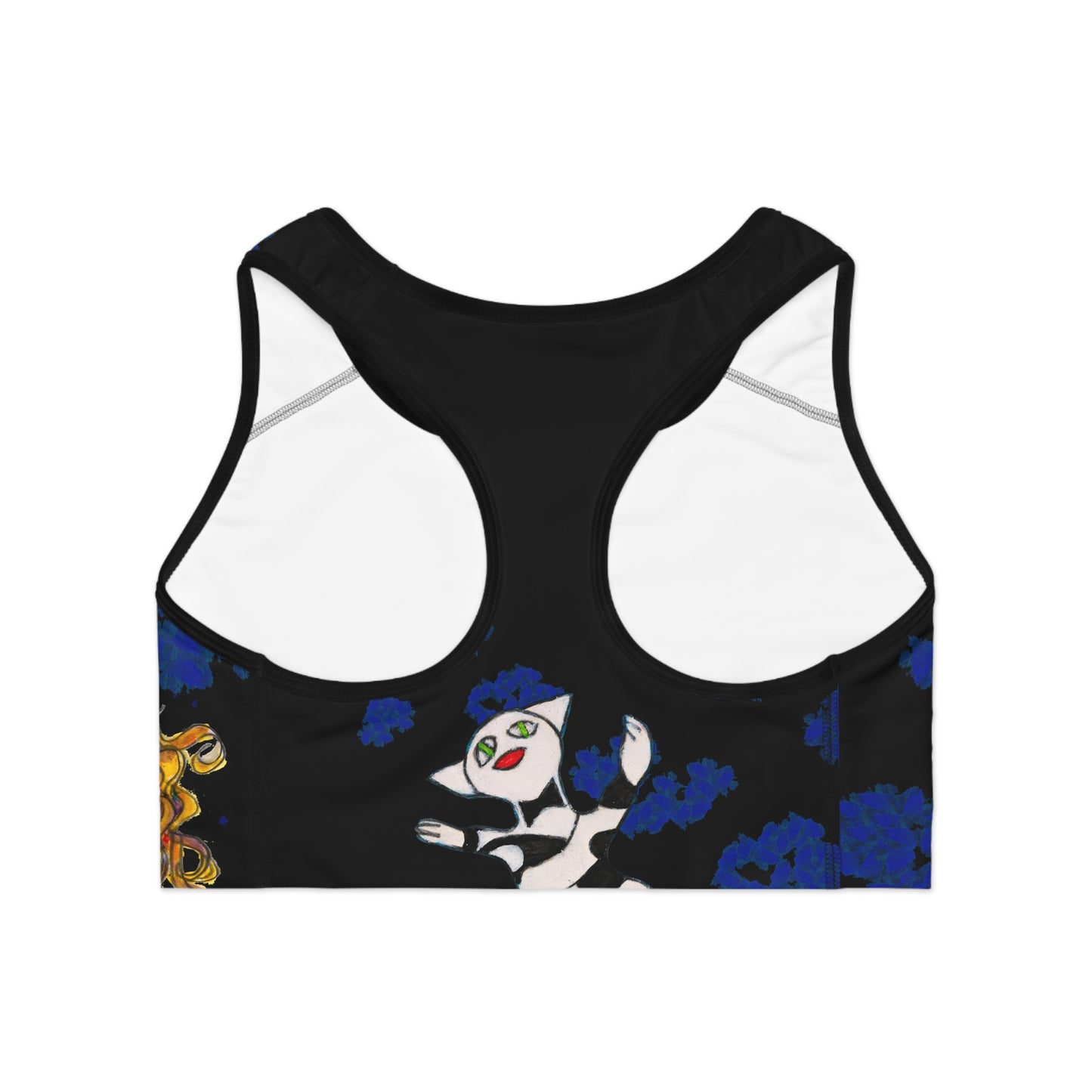 Sports Bra (AOP) - Motiv: Katze Fliegt, Antonietta, blaue Punkte