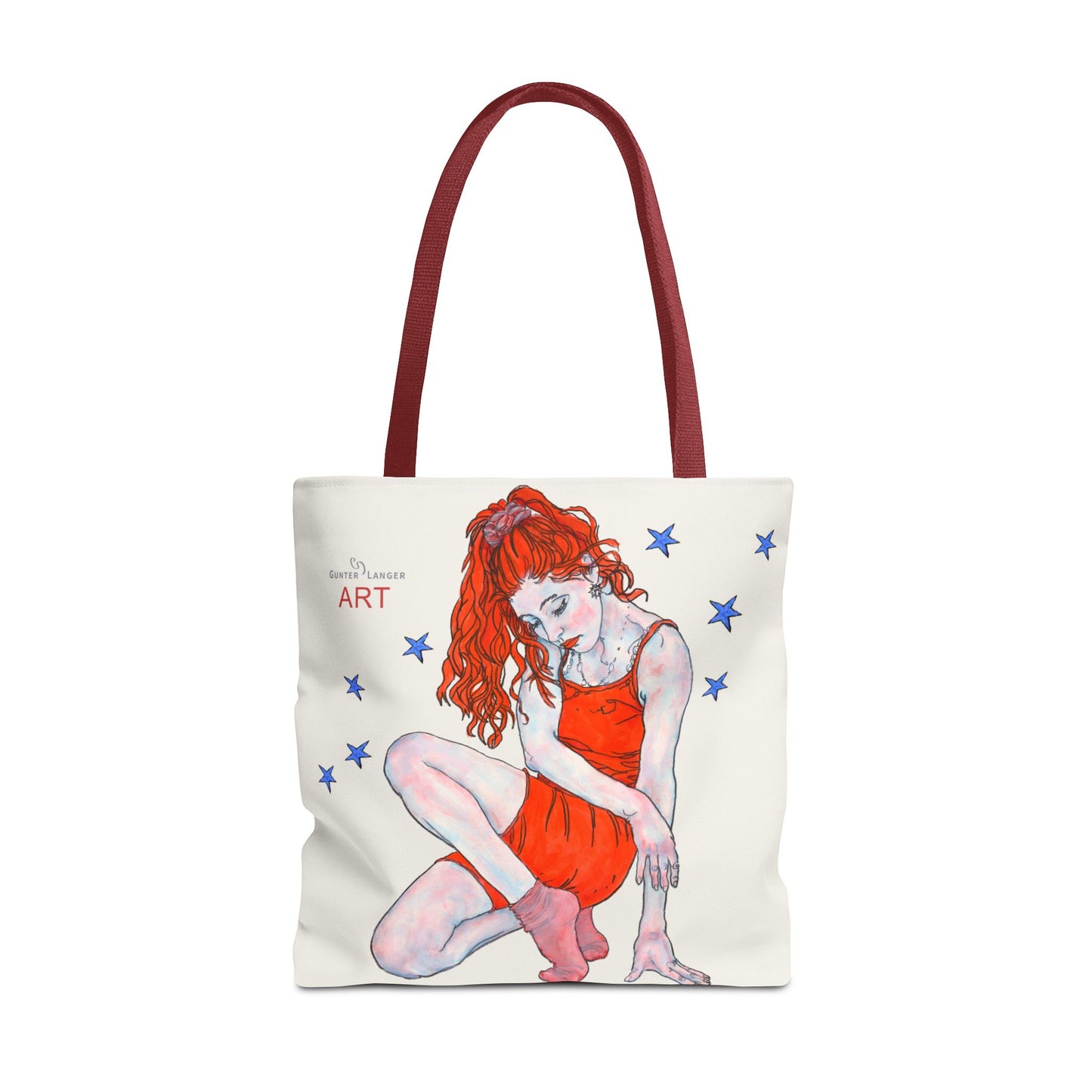 Tote Bag (AOP) - Motiv: Front Julia & Rückseite Julia 41,44cm Beige, Blaue Sterne