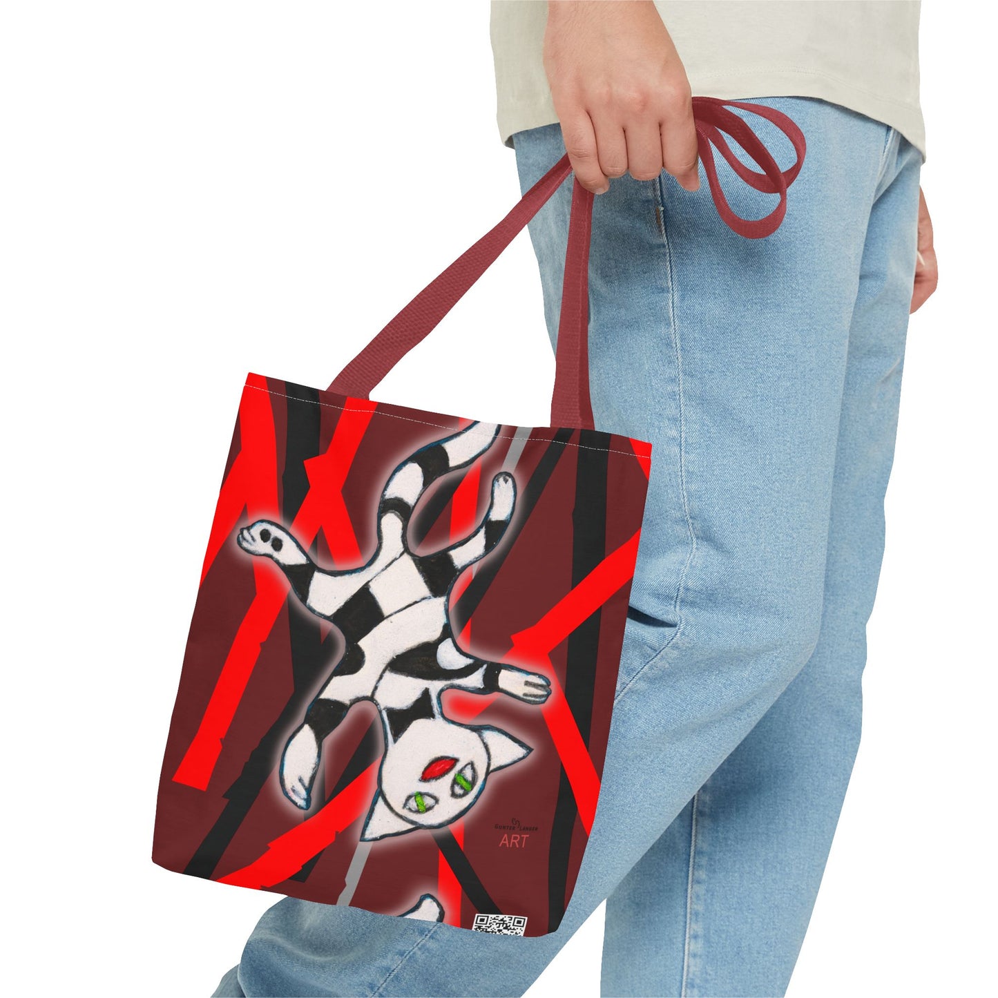Tote Bag (AOP) - Motiv: Mikado Rot, mit Katze schwebt