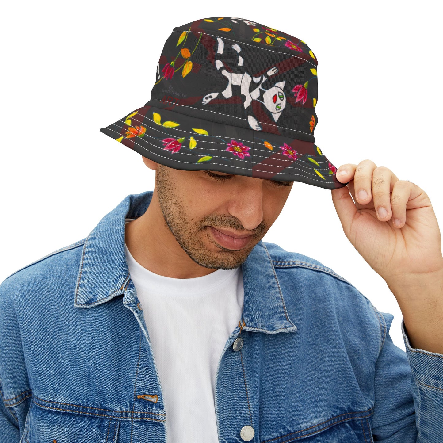 Bucket Hat (AOP) - Motiv: Katze fliegt, Ranken, schwarz