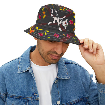 Bucket Hat (AOP) - Motiv: Katze fliegt, Ranken, schwarz