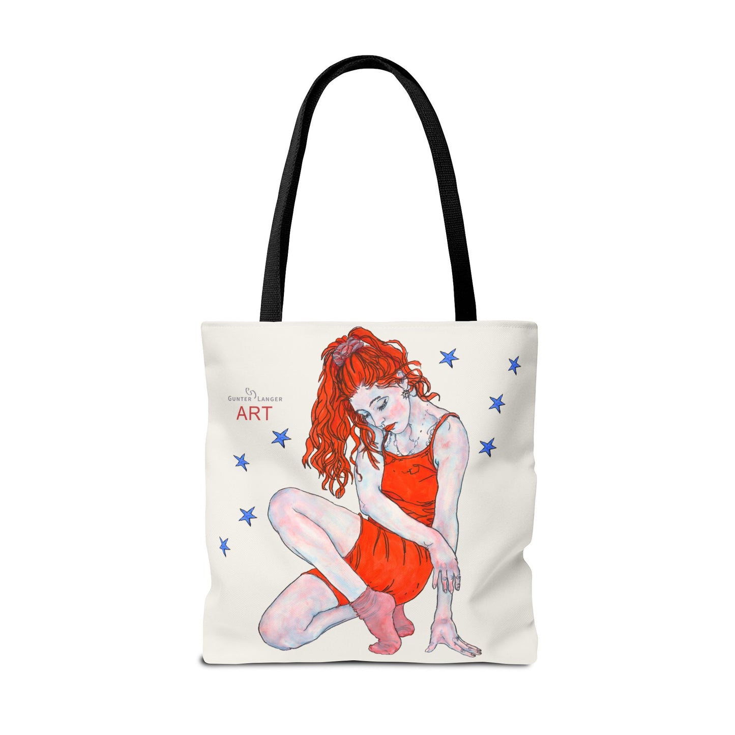 Tote Bag (AOP) - Motiv: Front Julia & Rückseite Julia 41,44cm Beige, Blaue Sterne