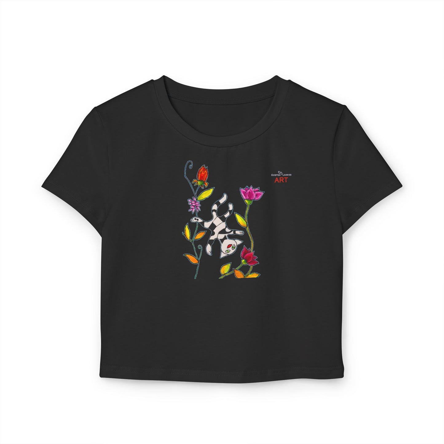 Women's Baby Tee - Motiv: Vorderseite und Rückseite, Katze schwebt & Ranken H 35 cm