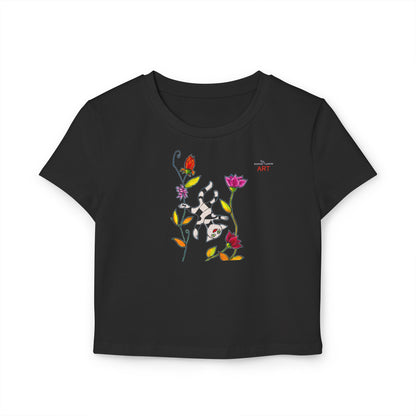 Women's Baby Tee - Motiv: Vorderseite und Rückseite, Katze schwebt & Ranken H 35 cm