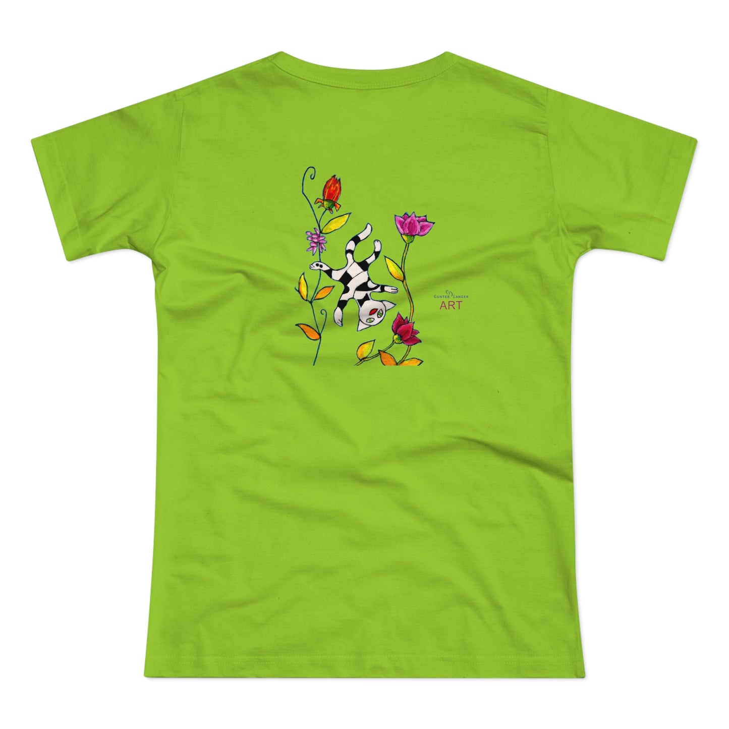 Single Jersey Women's T-shirt - hell - Motiv: Katze schwebt und Ranken, Vorderseite H 11 cm & Rückseite H 21,85 cm