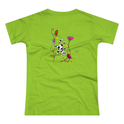 Single Jersey Women's T-shirt - hell - Motiv: Katze schwebt und Ranken, Vorderseite H 11 cm & Rückseite H 21,85 cm