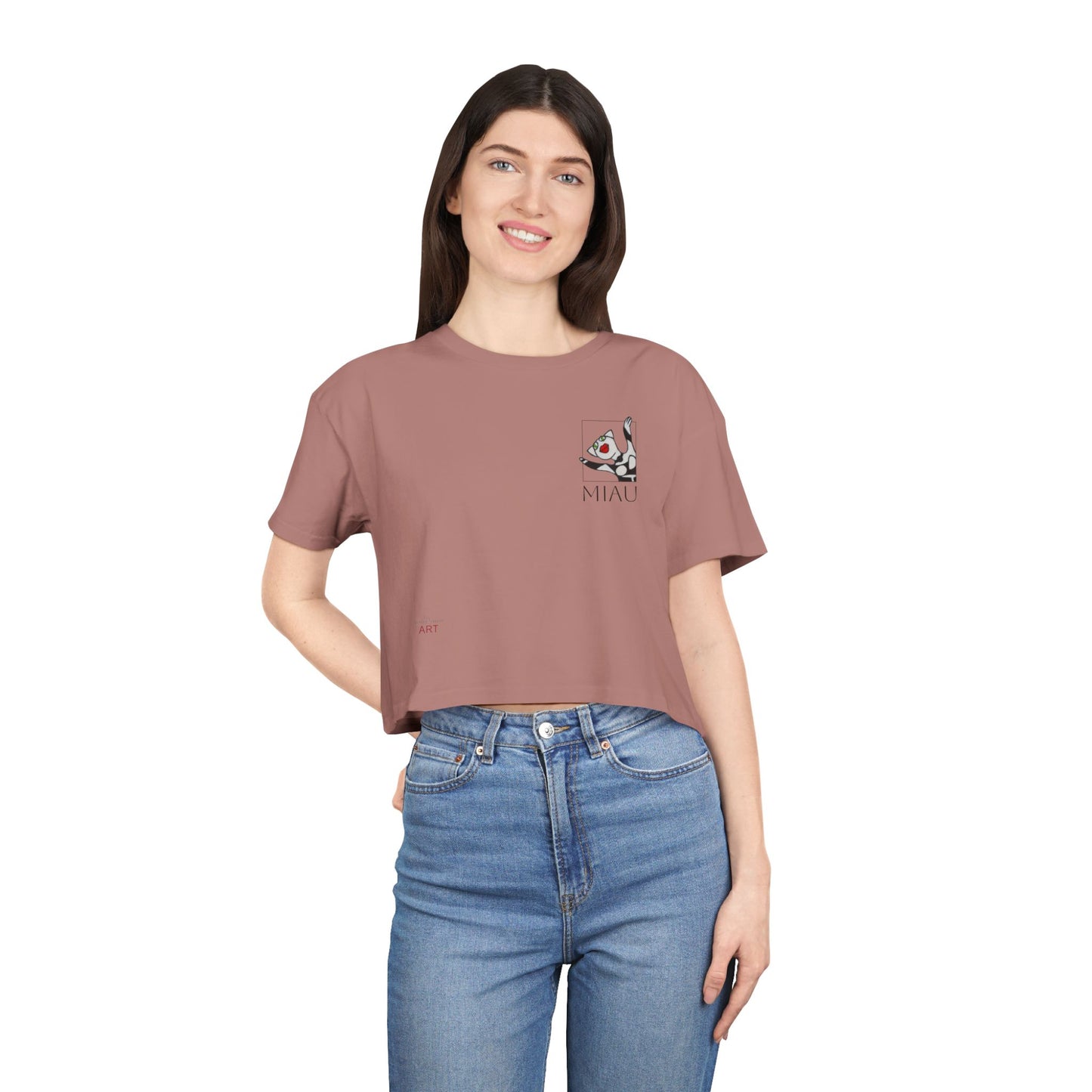 Women's Crop Tee - Motiv: Motiv: Front "Miau" klein, schwarz, H 8 cm, Rückseite "Miau"