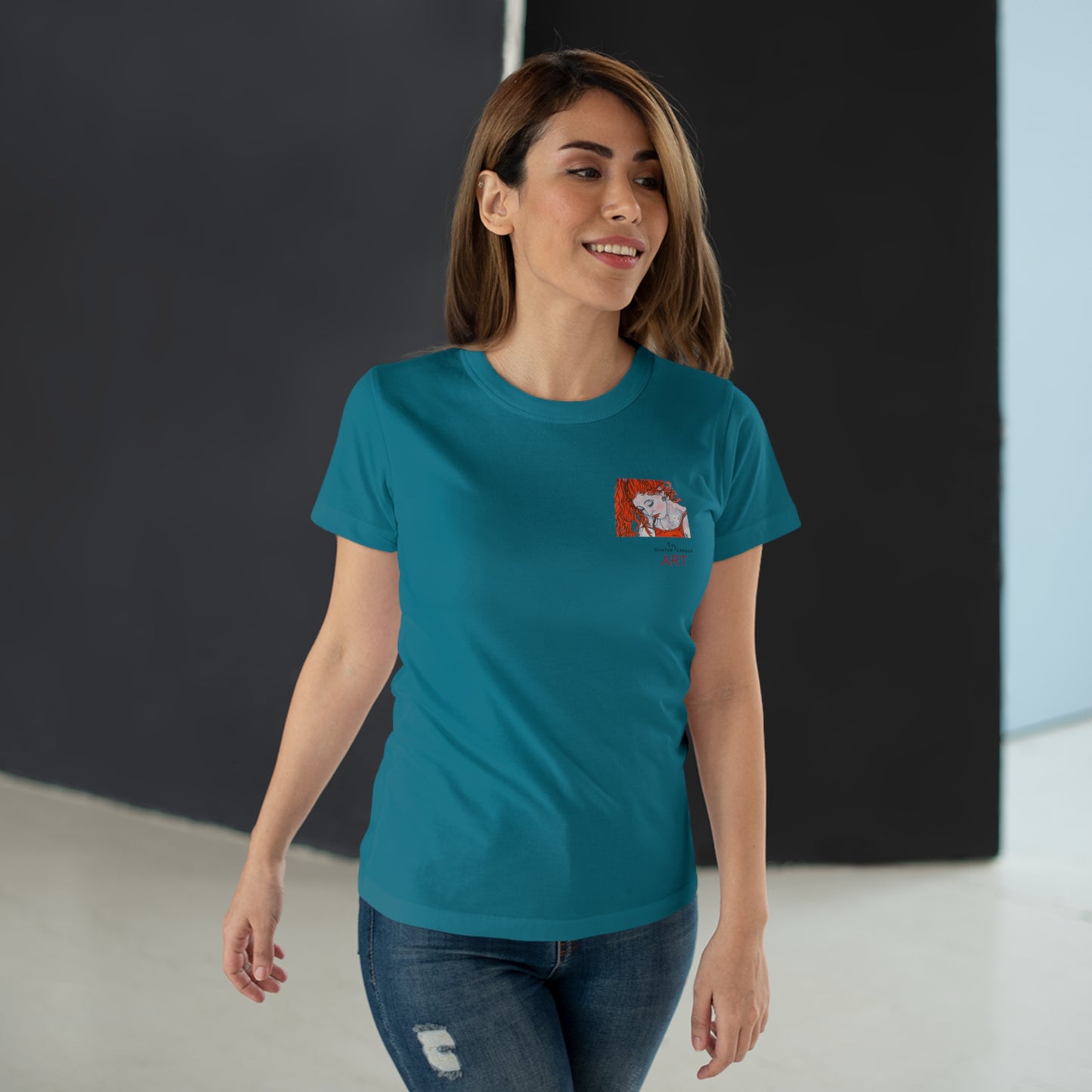 Single Jersey Women's T-shirt - hell - Motiv:  Front Julia, Ausschnitt 6,7 cm & Rückseite Julia, H 37 cm
