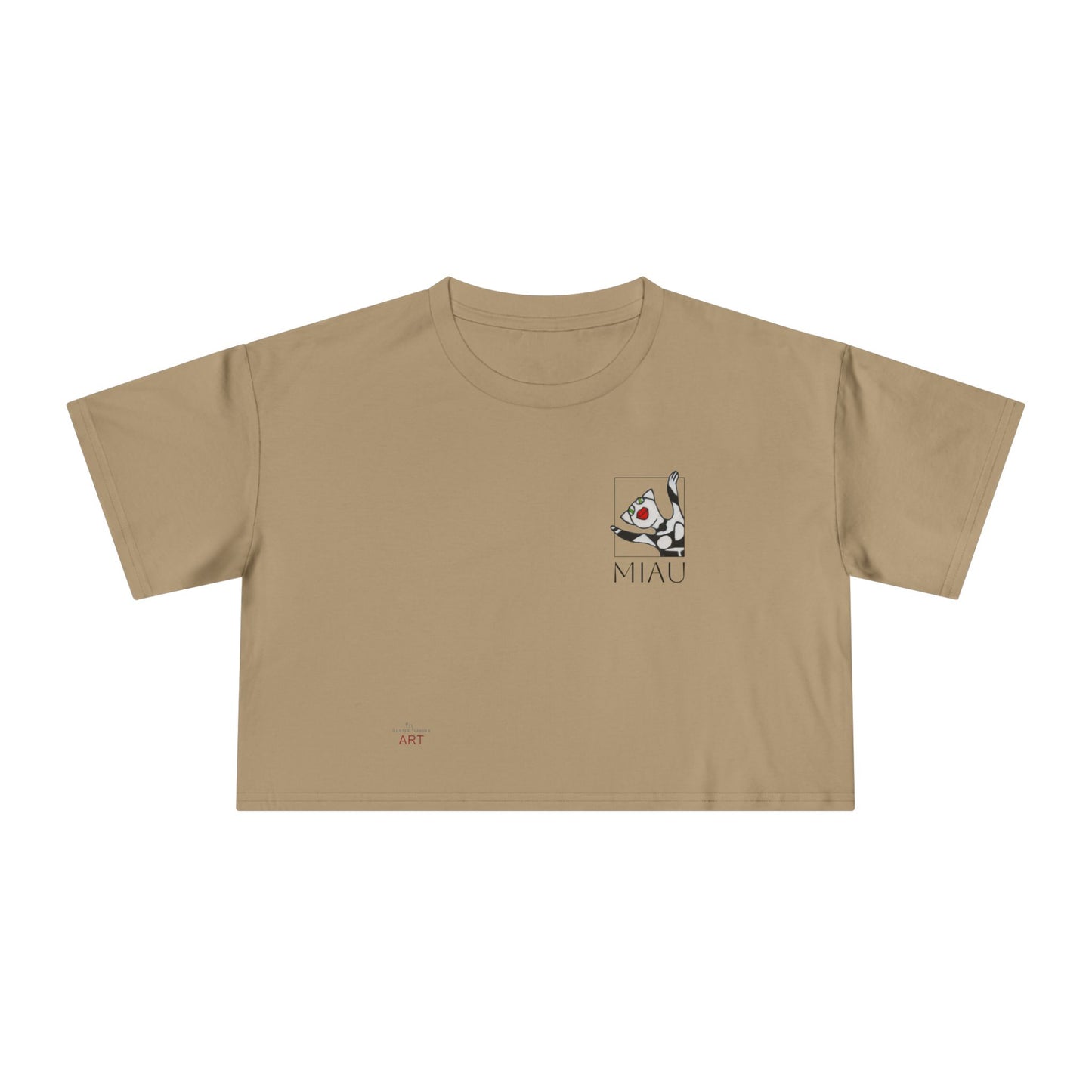 Women's Crop Tee - Motiv: Motiv: Front "Miau" klein, schwarz, H 8 cm, Rückseite "Miau"