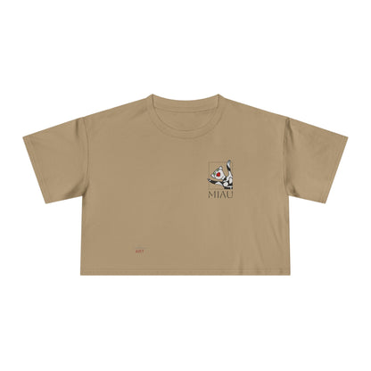 Women's Crop Tee - Motiv: Motiv: Front "Miau" klein, schwarz, H 8 cm, Rückseite "Miau"