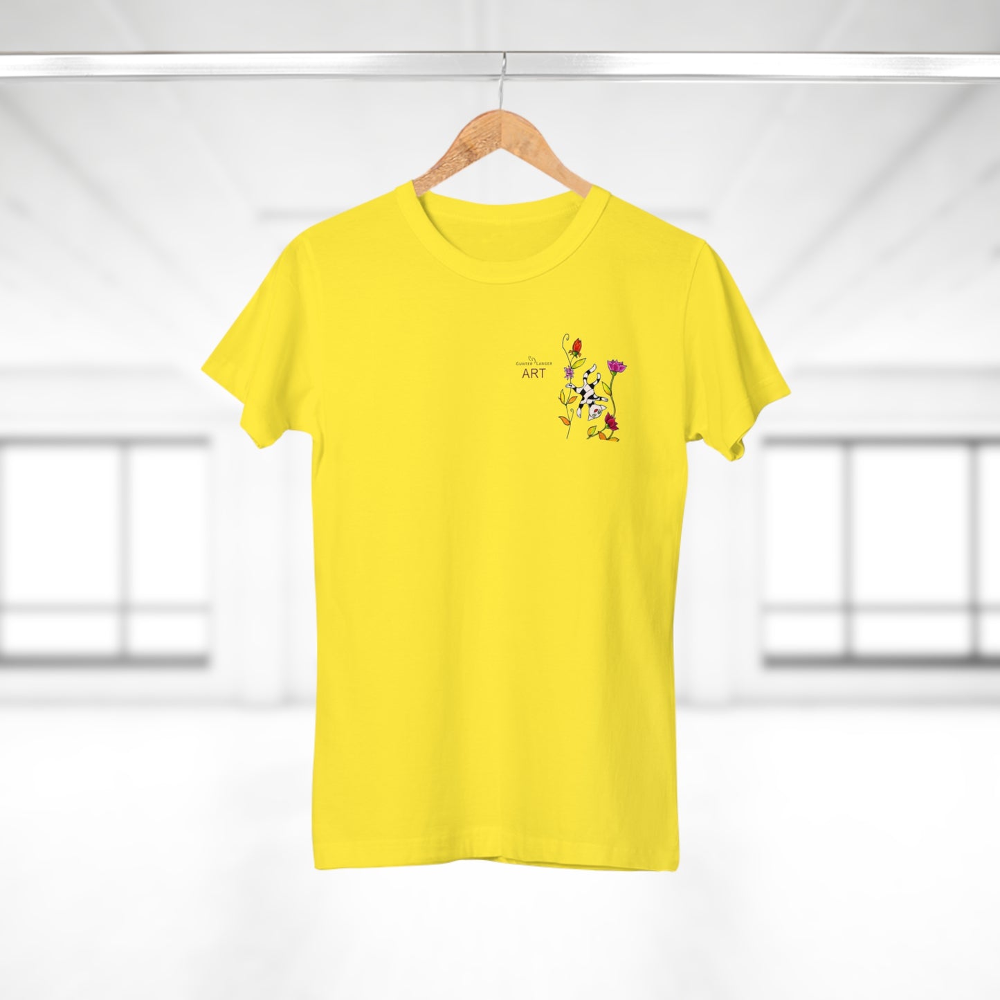 Single Jersey Women's T-shirt - hell - Motiv: Katze schwebt und Ranken, Vorderseite H 11 cm & Rückseite H 21,85 cm