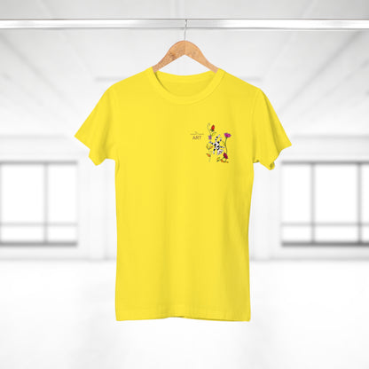 Single Jersey Women's T-shirt - hell - Motiv: Katze schwebt und Ranken, Vorderseite H 11 cm & Rückseite H 21,85 cm