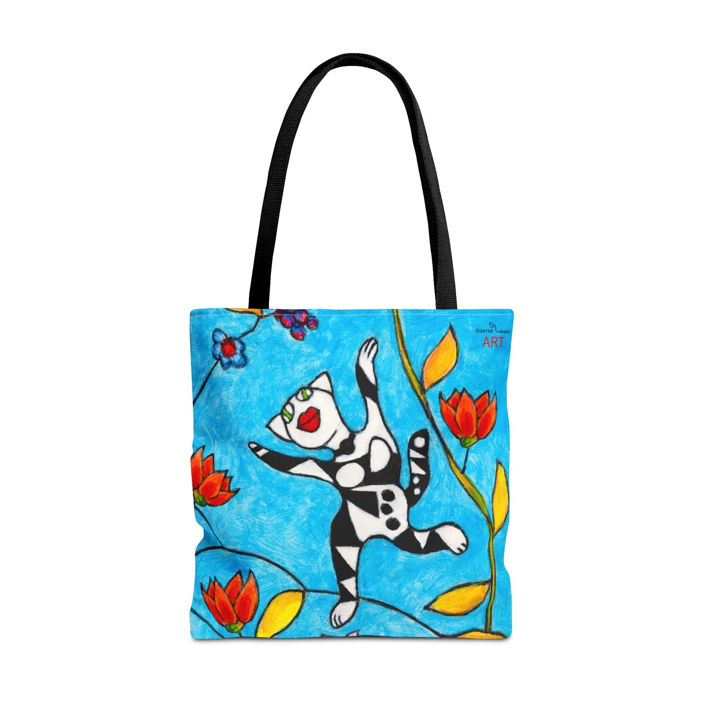 Tote Bag (AOP) - Motiv:  Front Katze springt, Rückseite  Katze springt, Blau, Ranken