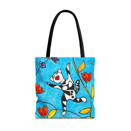 Tote Bag (AOP) - Motiv:  Front Katze springt, Rückseite  Katze springt, Blau, Ranken