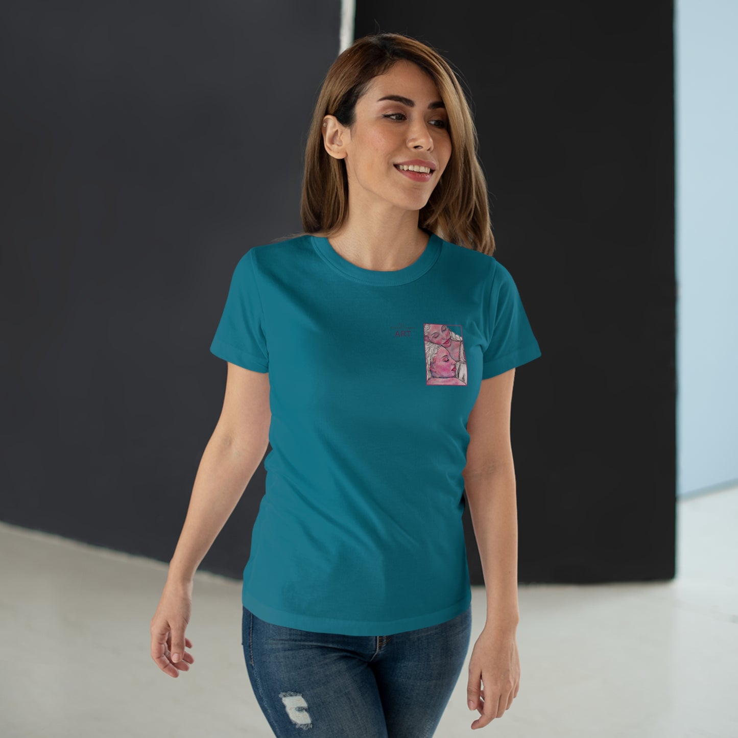 Single Jersey Women's T-shirt - hell - Motiv: Zuflucht, Ausschnitt, H 10 cm