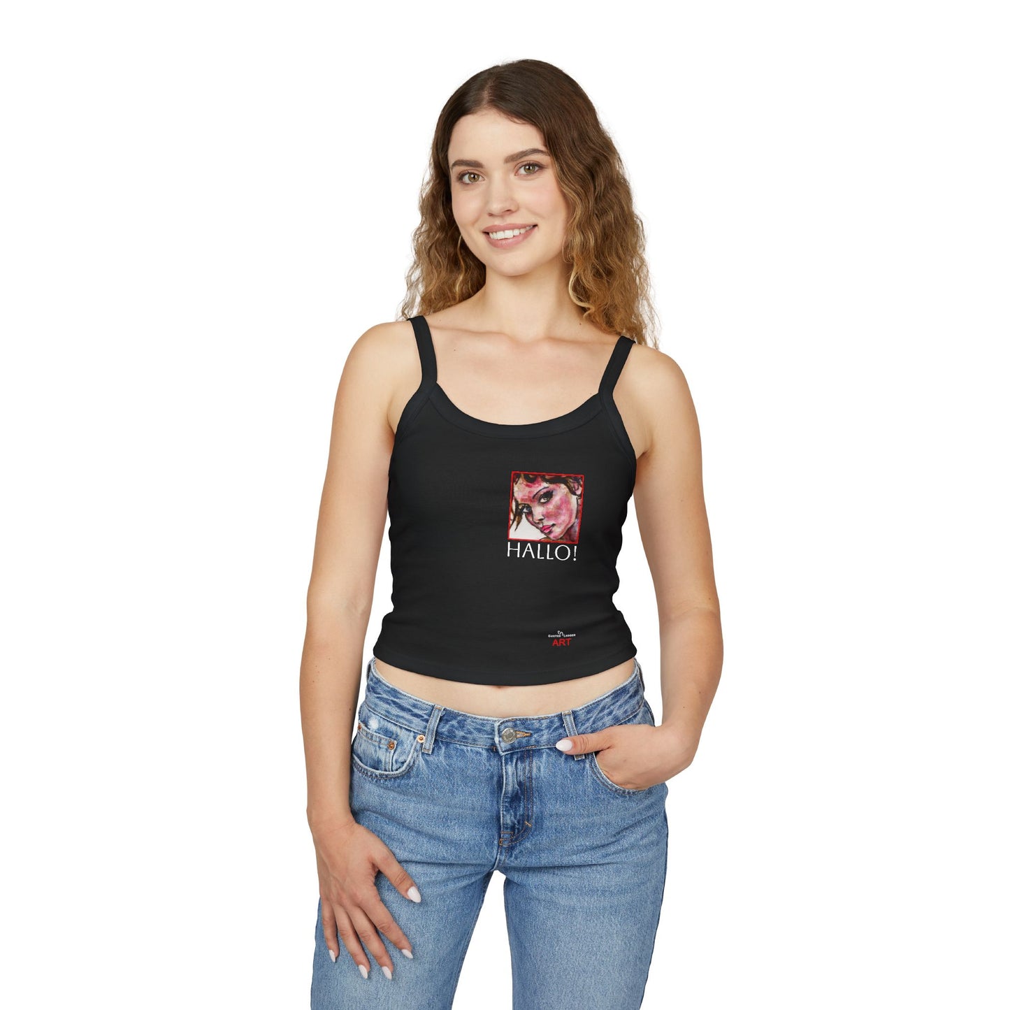Women's Spaghetti Strap Tank Top - Motiv: Front Carla & Rückseite Schrift  Hallo!
