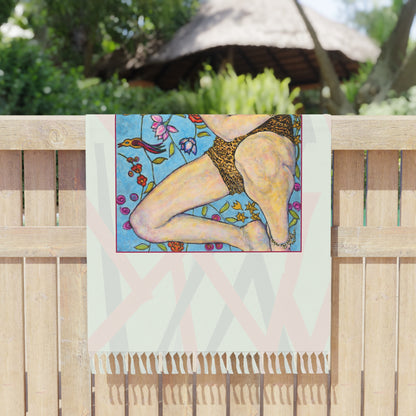 Boho Beach Cloth - Motiv: Ida, mittelgroß, roter Rahmen, Tuch: Mikado hellgrün, 97 x 206 cm