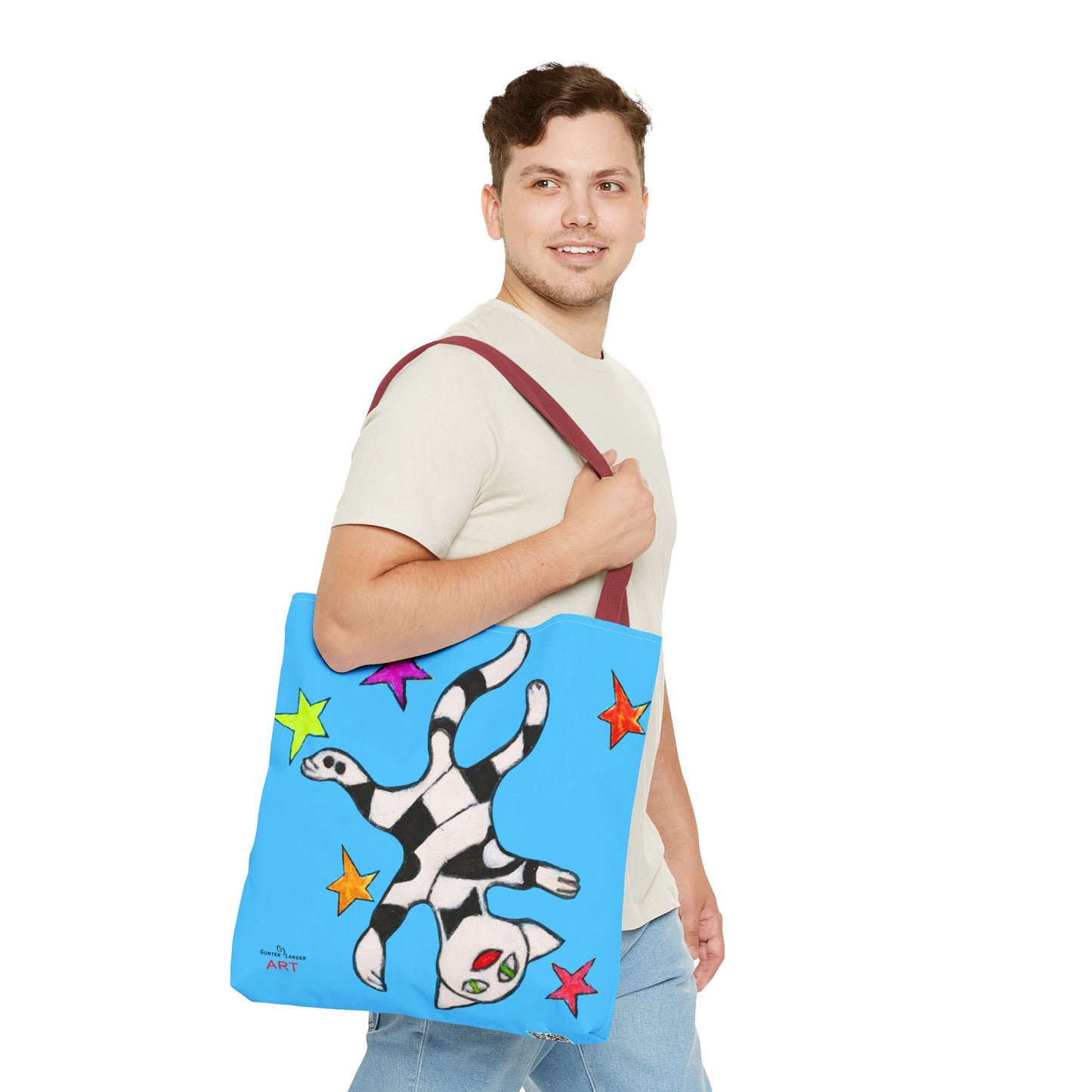 Tote Bag (AOP) - Motiv:  Front Katze schwebt & Rückseite  Katze schwebt, Blau, Sterne