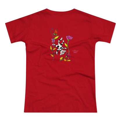 Single Jersey Women's T-shirt - dunkel - Motiv: Katze schwebt und Ranken, Vorderseite H 11 cm & Rückseite H 21,85 cm