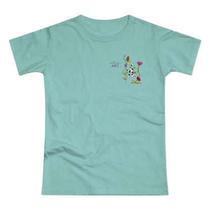 Single Jersey Women's T-shirt - hell - Motiv: Katze schwebt und Ranken, Vorderseite H 11 cm & Rückseite H 21,85 cm