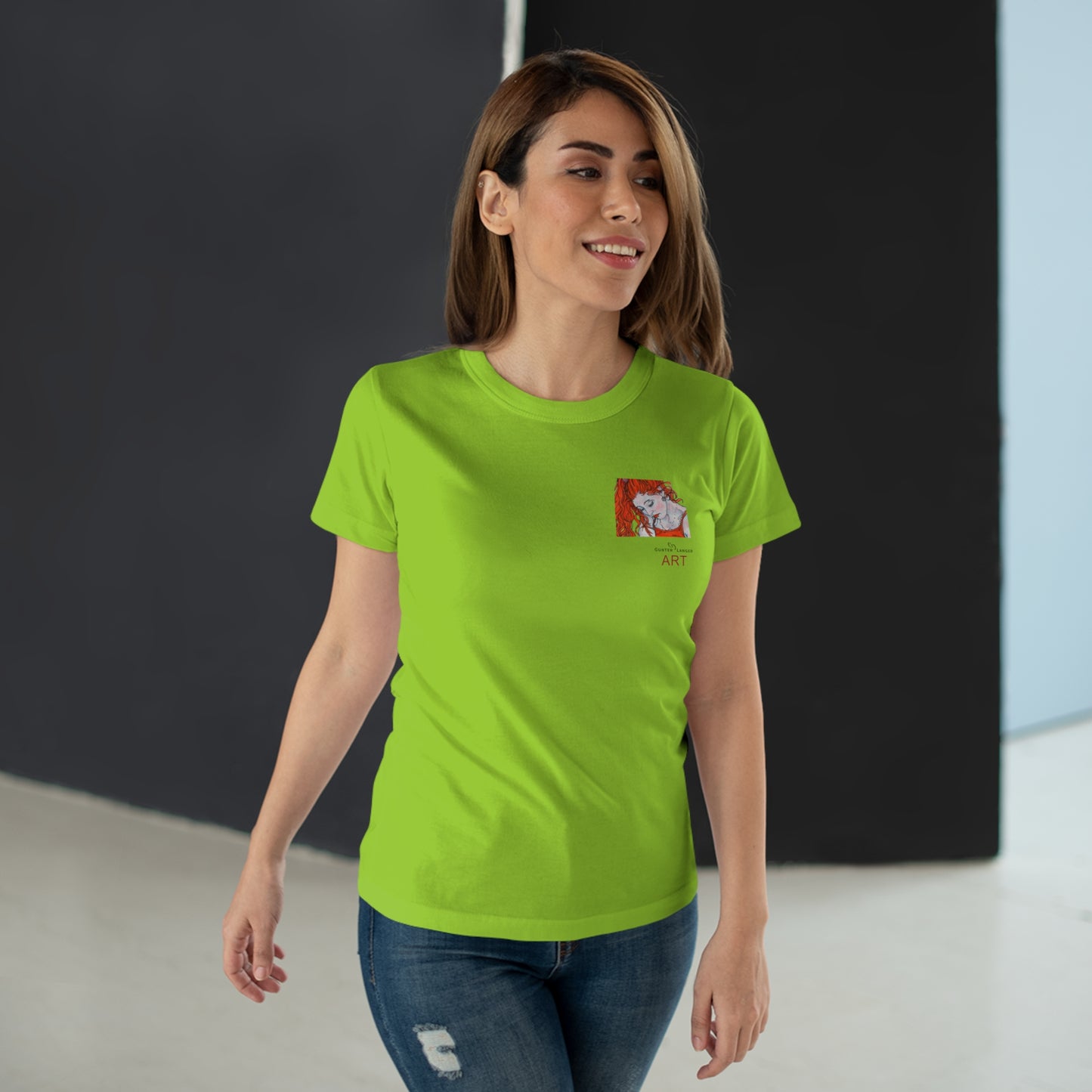 Single Jersey Women's T-shirt - hell - Motiv:  Front Julia, Ausschnitt 6,7 cm & Rückseite Julia, H 37 cm