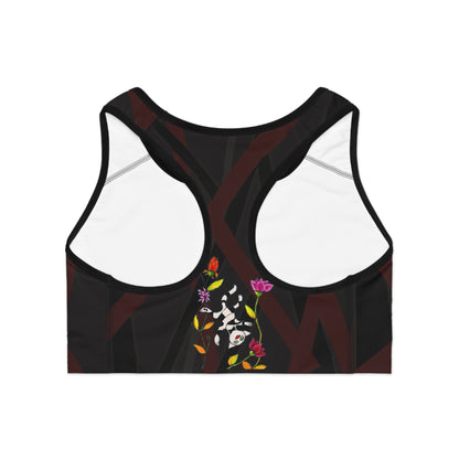 Sports Bra (AOP) - Motiv: Rückseite Katze fliegt, klein, Mikado schwarz