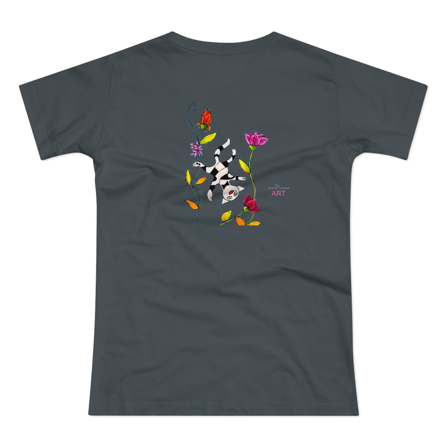 Single Jersey Women's T-shirt - dunkel - Motiv: Katze schwebt und Ranken, Vorderseite H 11 cm & Rückseite H 21,85 cm