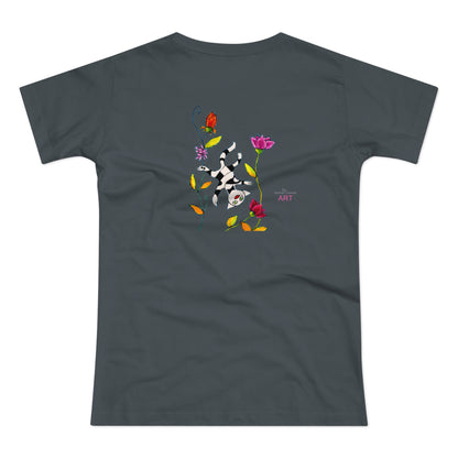 Single Jersey Women's T-shirt - dunkel - Motiv: Katze schwebt und Ranken, Vorderseite H 11 cm & Rückseite H 21,85 cm