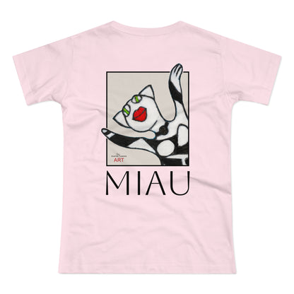 Single Jersey Women's T-shirt - hell - Motiv: Front Miau, H 15,3 cm, Rückseite Miau, H27,94 cm