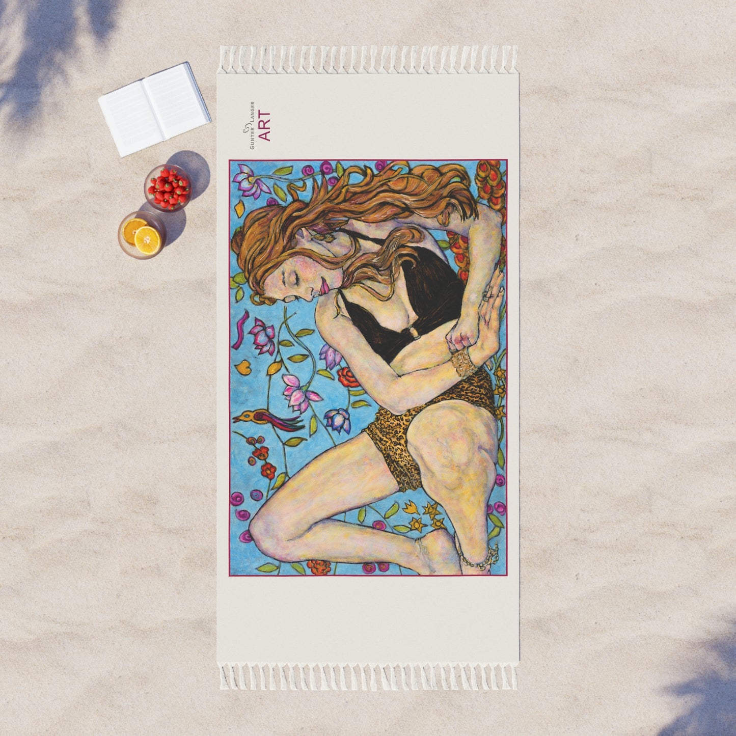 Boho Beach Cloth - Motiv Ida, groß, roter Rahmen, Tuch: beige, 97 x 206 cm