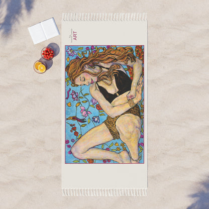 Boho Beach Cloth - Motiv Ida, groß, roter Rahmen, Tuch: beige, 97 x 206 cm