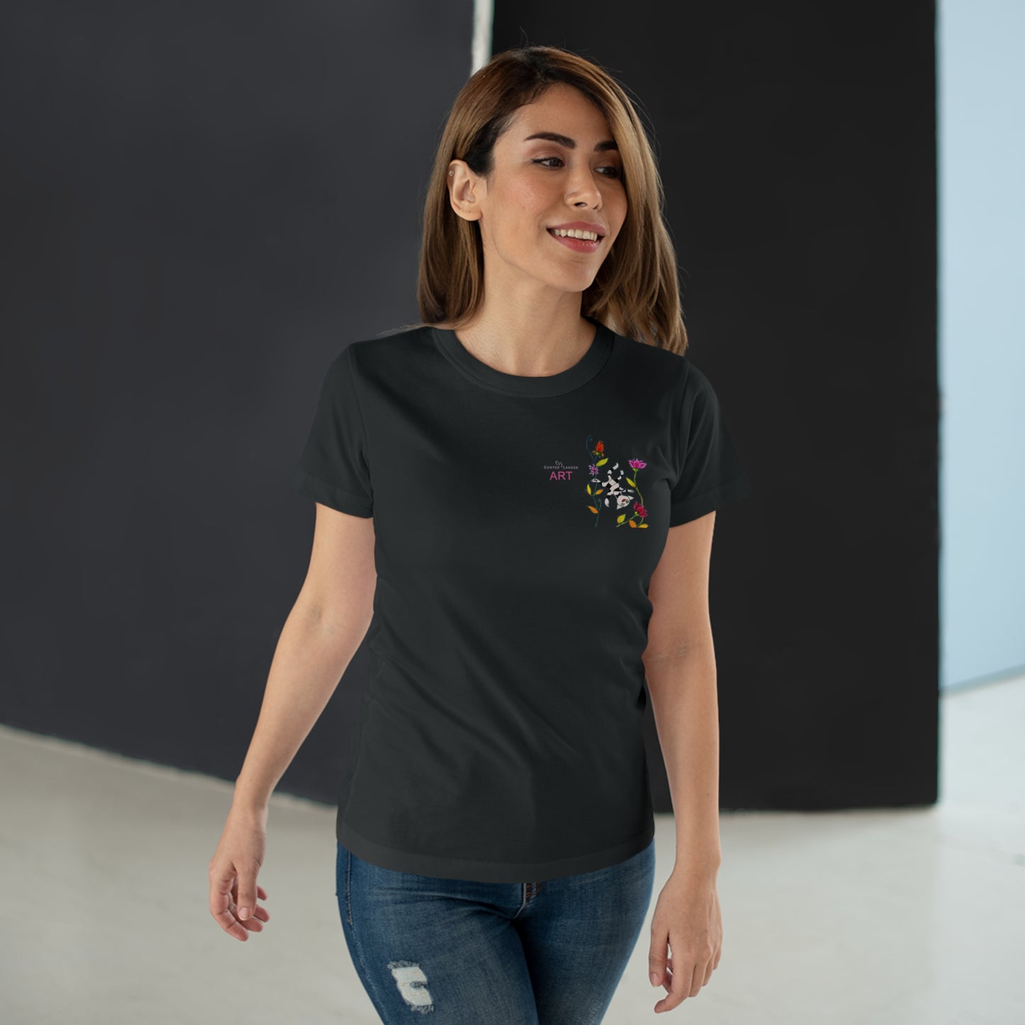 Single Jersey Women's T-shirt - dunkel - Motiv: Katze schwebt und Ranken, Vorderseite H 11 cm & Rückseite H 21,85 cm