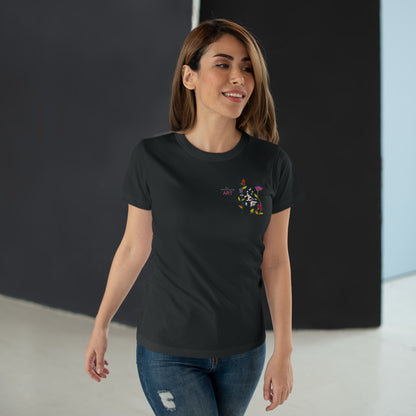 Single Jersey Women's T-shirt - dunkel - Motiv: Katze schwebt und Ranken, Vorderseite H 11 cm & Rückseite H 21,85 cm